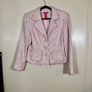 Thalia Sodi Pink Woven Tweed Blazer with Fringe hem and Button Closure Size XL